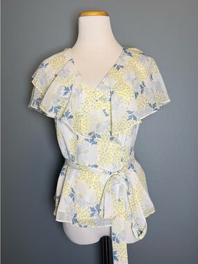 Ted Baker Floral Wrap Blouse - Light Blue & Yellow
